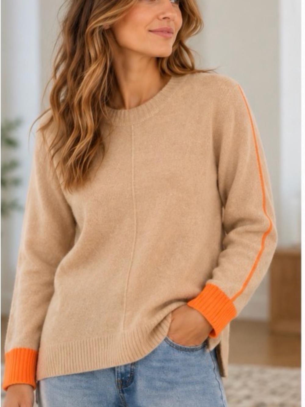 Pura Cashmere Sweater – Size Medium – Beige/Camel & Orange